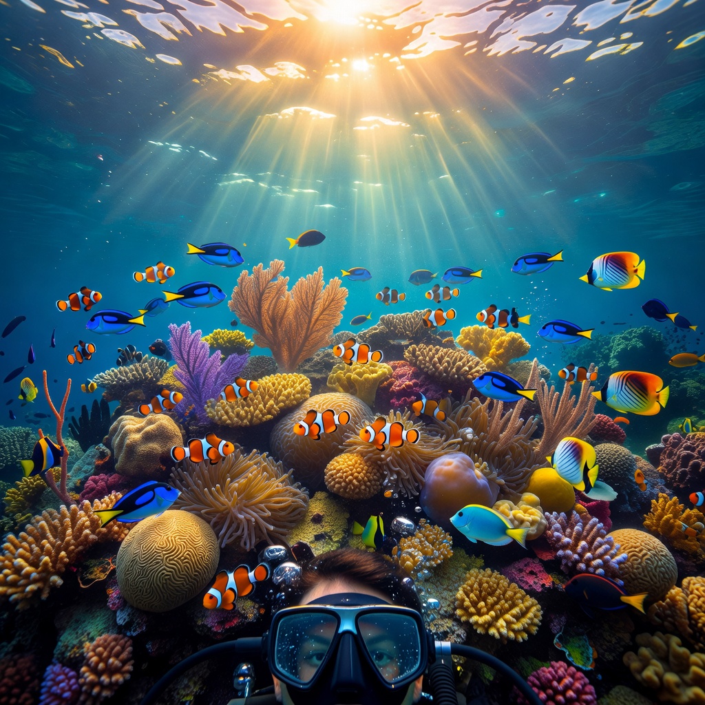 Underwater coral reef scene, tropical fish, sunlight rays penetrating blue water, scuba diving view