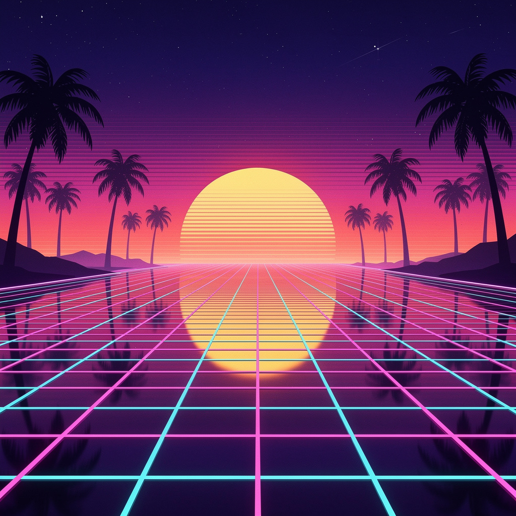 Retro 80s synthwave sunset landscape, chrome grid, palm trees silhouette, purple and pink sky