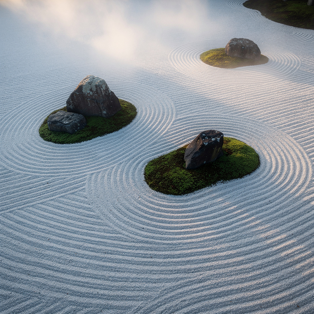 Minimalist Japanese zen garden, raked sand patterns, moss-covered rocks, morning mist, aerial view