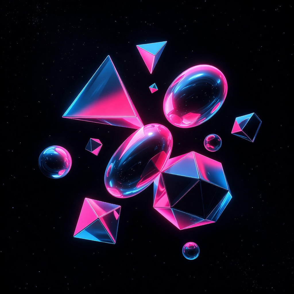Abstract 3D geometric shapes floating in space, neon pink and electric blue, glossy reflections, dark background