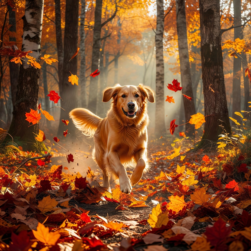 Golden retriever running through autumn leaves in a forest, motion blur, warm golden light