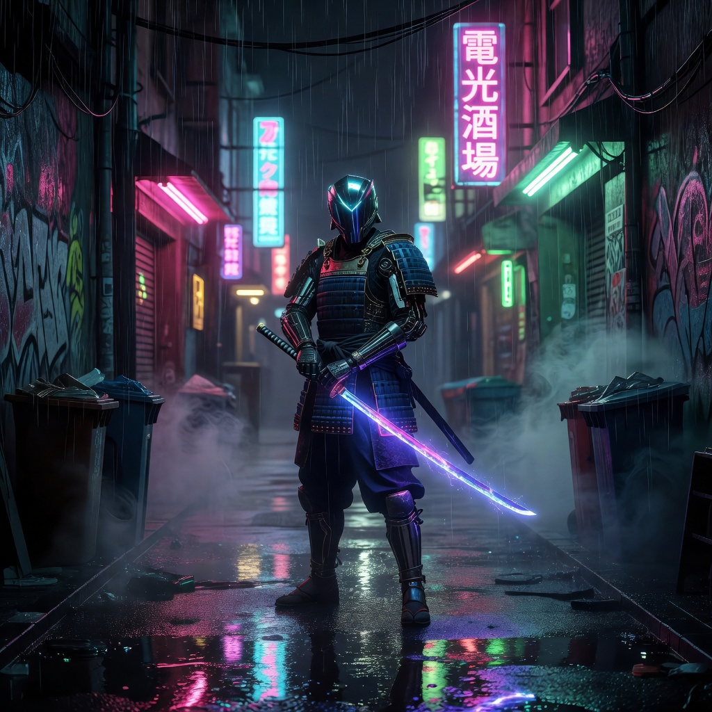 Cyberpunk samurai standing in a dark neon alley, glowing katana, rain, volumetric fog, cinematic
